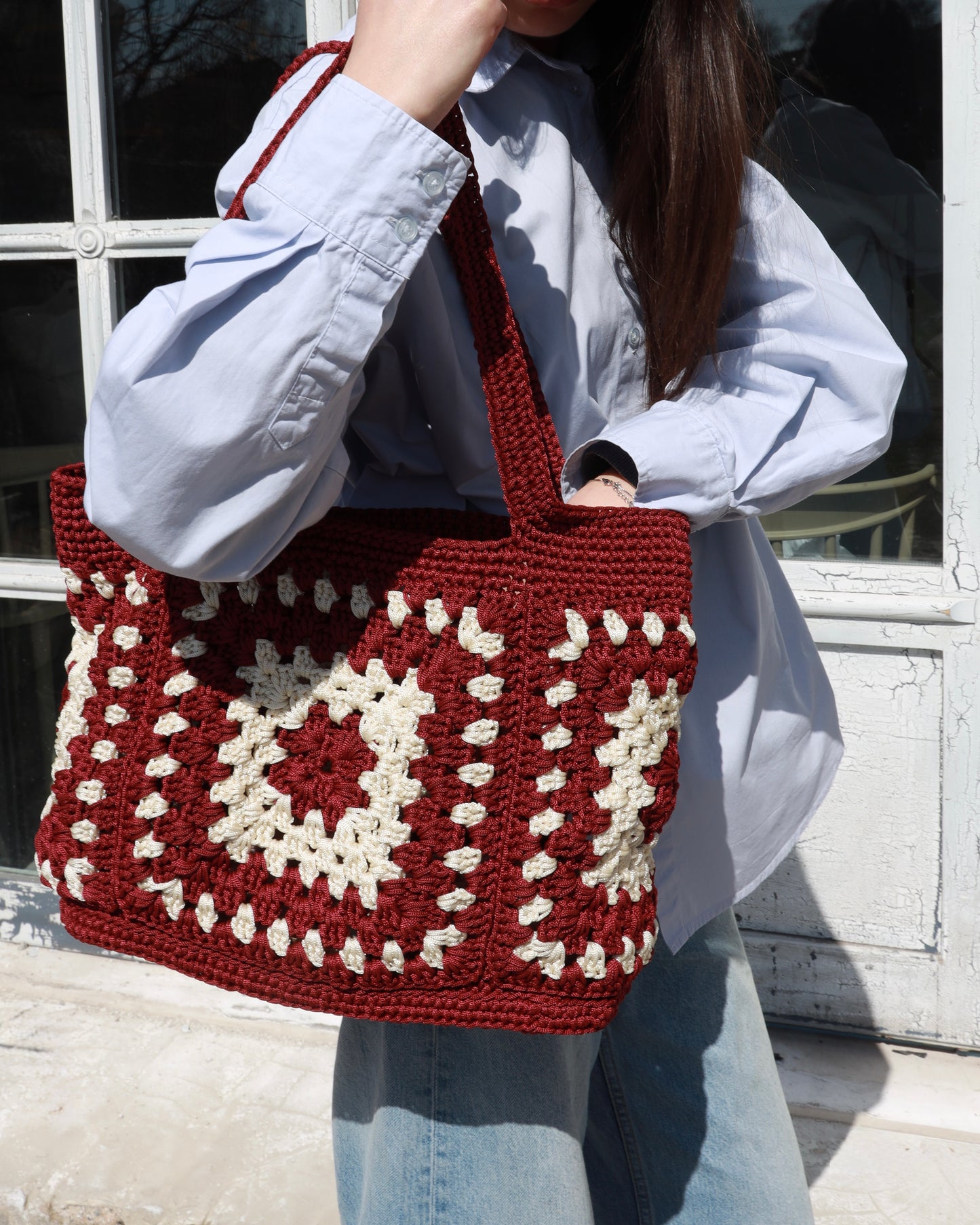 Burgundy & Beige Handmade Crochet Tote Bag with Leather Base