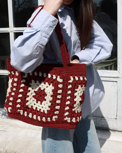 Burgundy & Beige Handmade Crochet Tote Bag with Leather Base