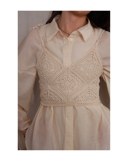 Handmade Beige Crochet Top Made of 100% Mercerized Cotton