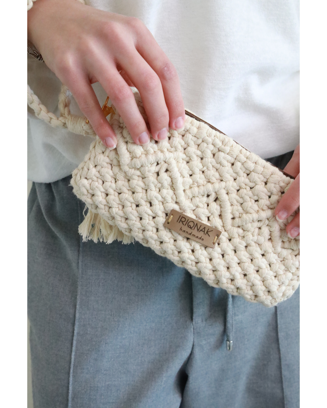 Beige Signature Macramé Wristlet