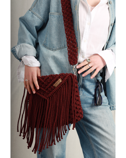 Burgundy Fringe Macramé Shoulder Bag