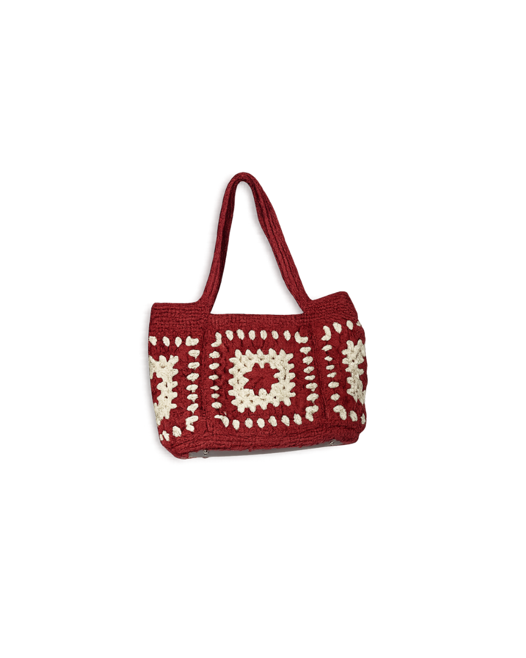 Burgundy & Beige Handmade Crochet Tote Bag with Leather Base