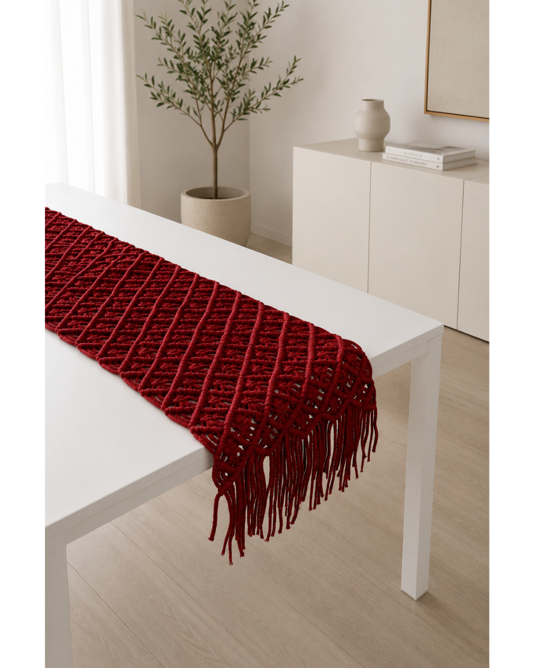Handcrafted Crimson Macrame Table Runner – Modern Boho Dining Decor 150-160cm