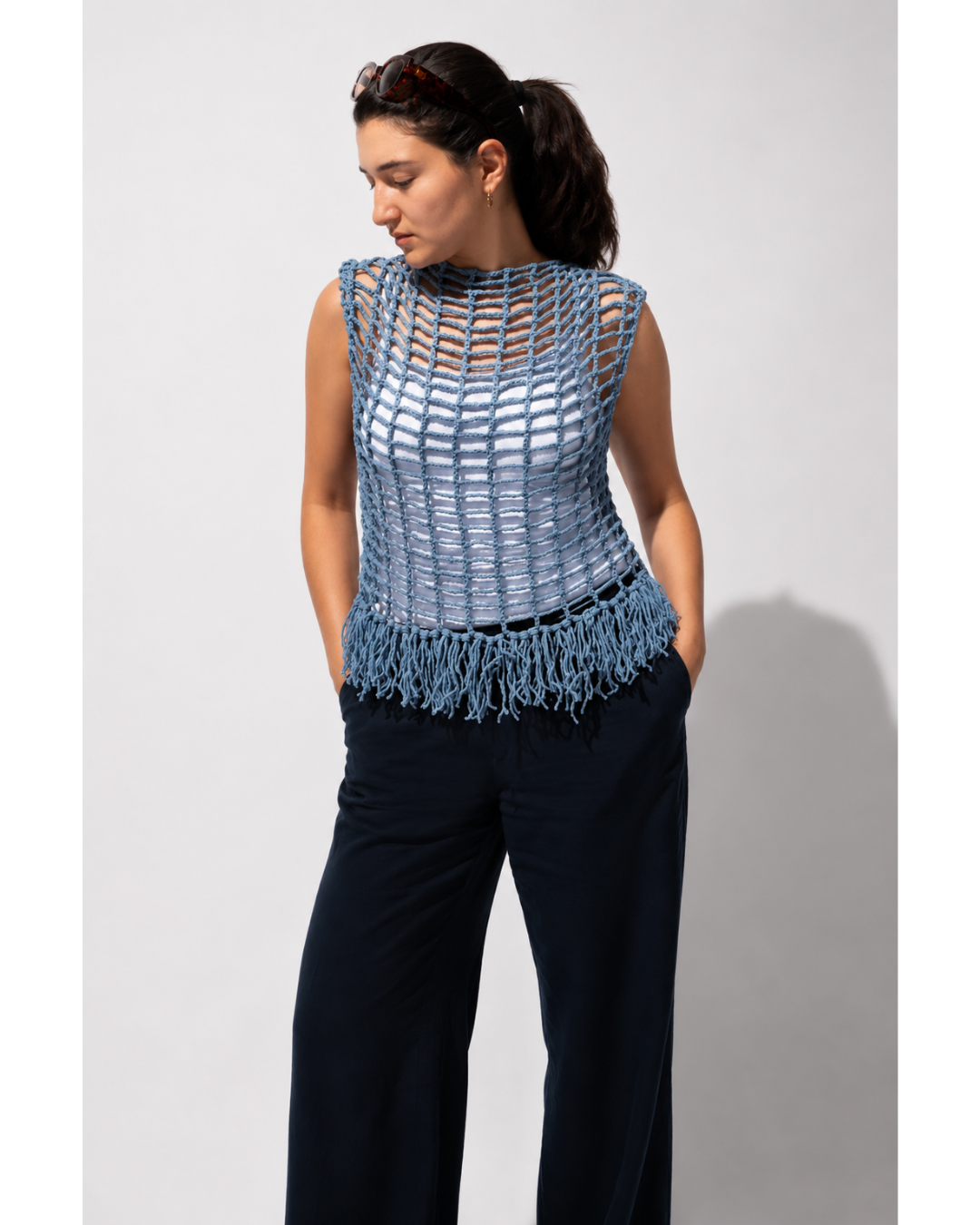 Blue Mesh Fringe Vest