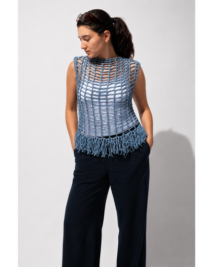 Blue Mesh Fringe Vest