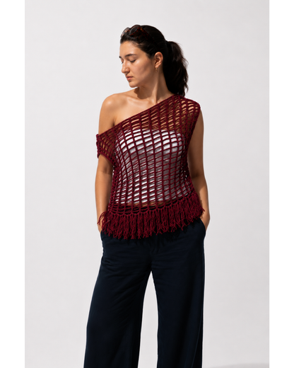 Burgundy Mesh Fringe Shoulder Down Vest