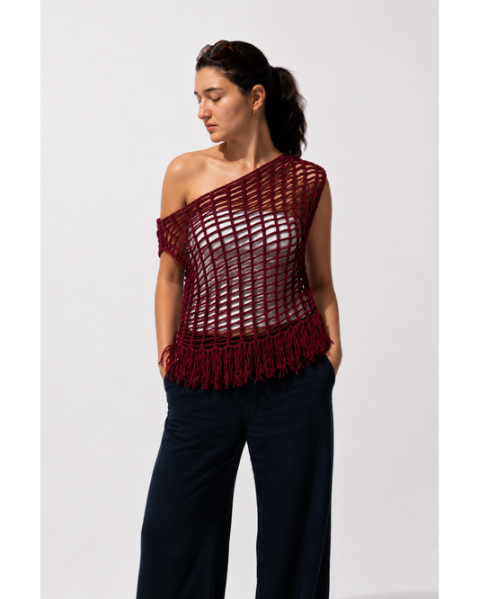Burgundy Mesh Fringe Shoulder Down Vest