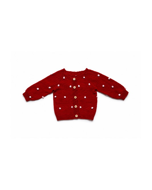 Red Hand-Knitted Eco-Cotton Polka Dot Baby Cardigan